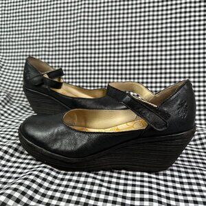 Fly London Mary Jane Wedge Heeled Shoes Black Leather Size EU 37 / US 6.5